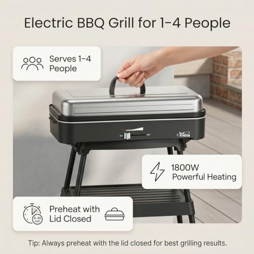 Compact Electric Grill with 1800W Heating Power