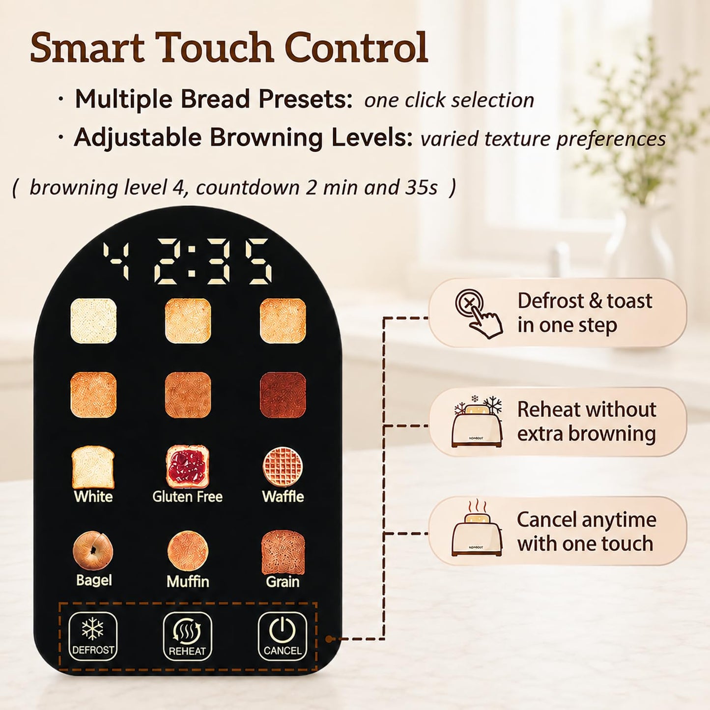 2-Slice Touchscreen Toaster with 6 Browning Levels