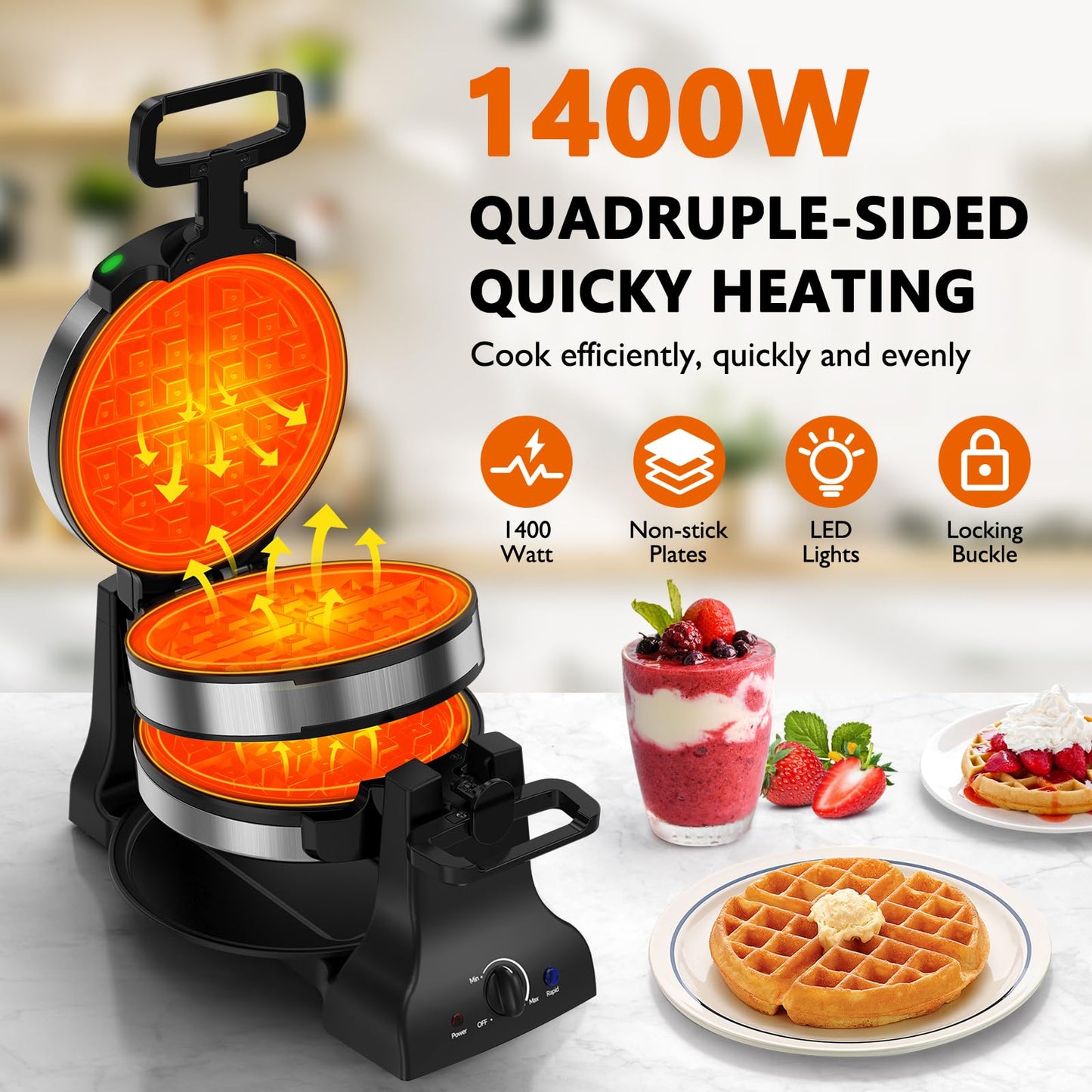 Double Belgian Waffle Maker with 180° Flip Design