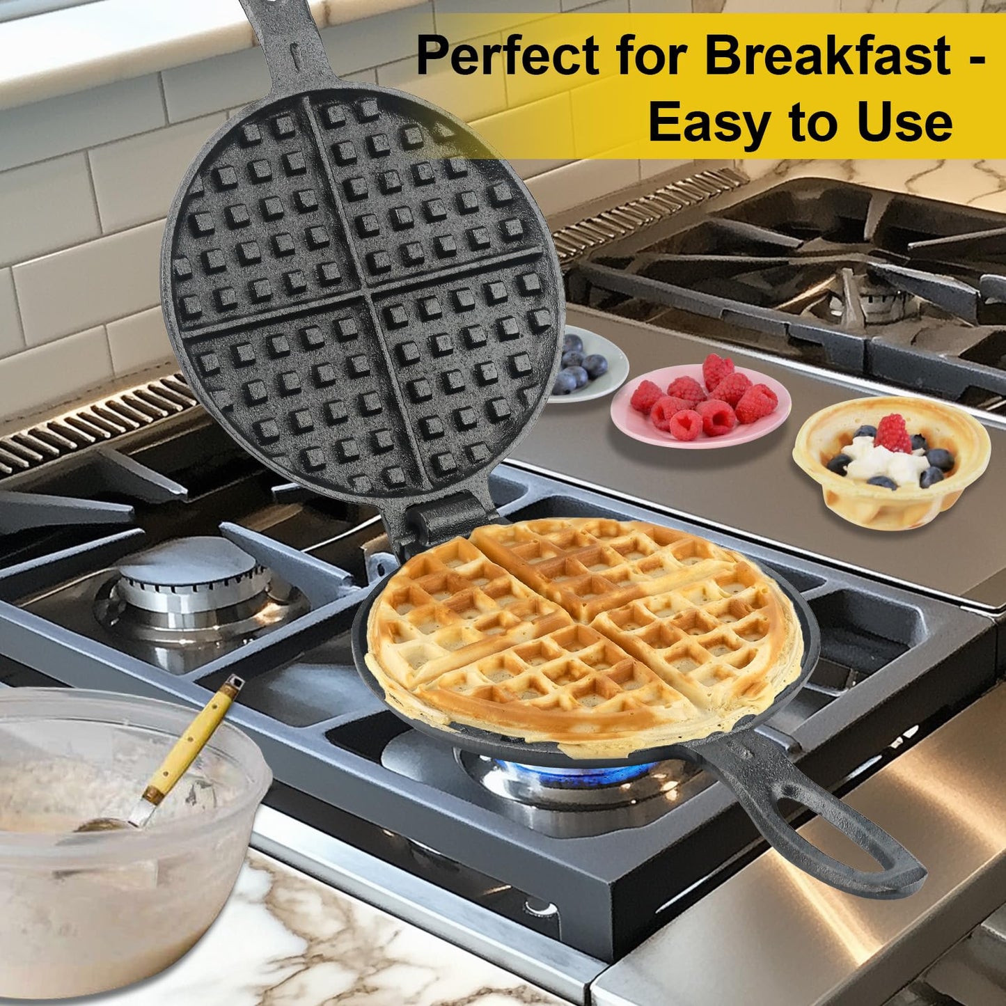 Cast Iron Waffle Maker with Stovetop Design